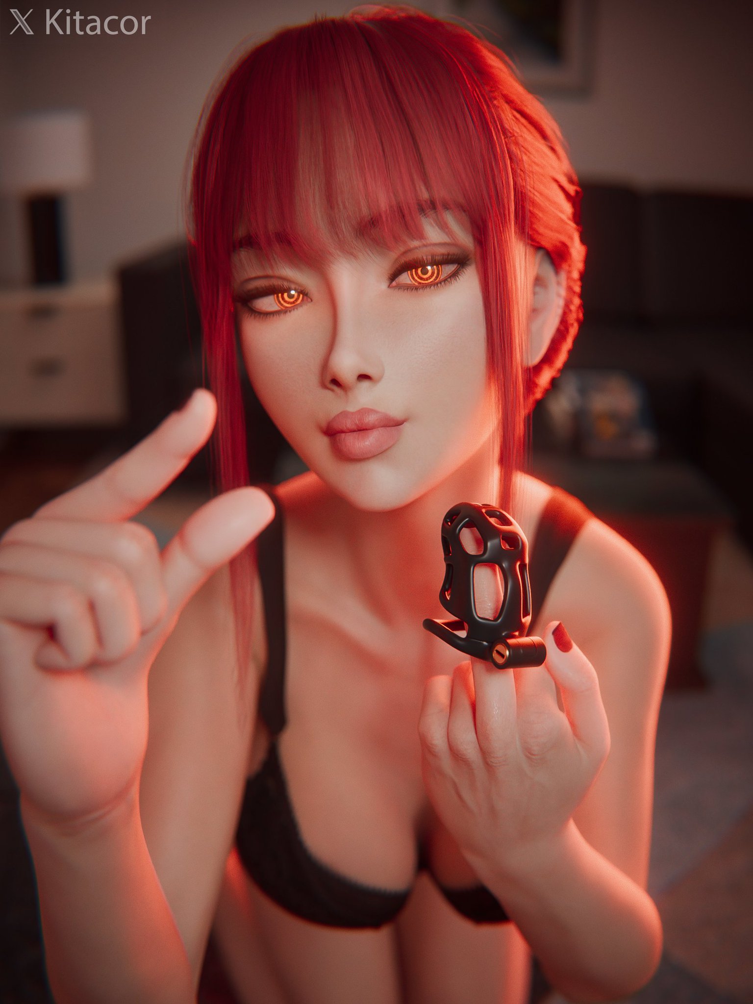 1boy, 1girls, 3d, 3d (artwork), abs, big breasts, chainsaw man, chastity cage, chastity device, femdom, ginger, ginger female, ginger hair, highres, imminent chastity, kitacor, lingerie, makima (chainsaw man), peace sign, pinching gesture, pursed lips, red hair, redhead, slim waist, small penis gesture, small penis humiliation