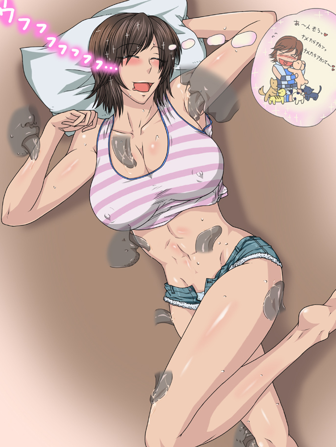 abs, armpit licking, armpits, blush, breasts, brown hair, cleavage, denim, denim shorts, dreaming, erect nipples, female, gureko rouman, kazama asuka, large breasts, licking, namco, nipples, short hair, short shorts, shorts, sleeping, smile, tank top, tekken, toned, tongue bath, unzipped