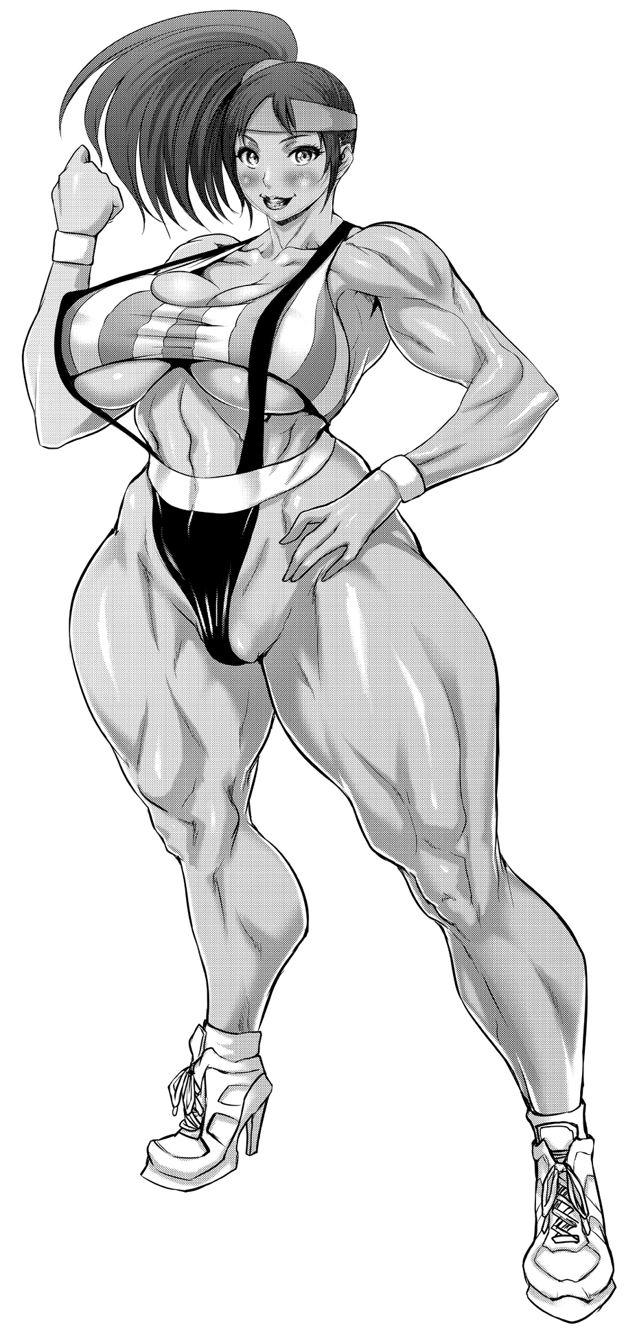 armband black_widow_(muscle_bomber) blush breasts capcom chinbotsu curvy extreme_muscles fat_mons female female_only full_body headband high_heels highres large_breasts monochrome muscle_bomber muscles muscular_female shoes sling_bikini sneakers solo swimsuit thick_thighs thighs underboob