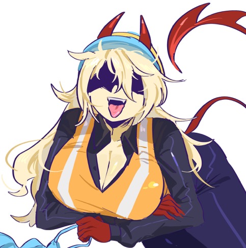1girl, 1girls, artist request, big breasts, block tales, blonde female, blonde hair, blonde-haired female, breasts, builderman, builderman (block tales), builderwoman, cleavage, cleavage window, clothed, construction helmet, eyes covered by shadow, eyeshadow, female, female focus, female only, hard hat, hatred (block tales), horned female, horns, huge breasts, large breasts, long hair, massive breasts, open mouth, opening mouth, orange vest, red claws, red tail, roblox, roblox game, robloxian, shadowed eyes, smiling at viewer, sticking out tongue, sticking tongue out, tail, tight clothing, vest, yellow skin, yellow skinned female