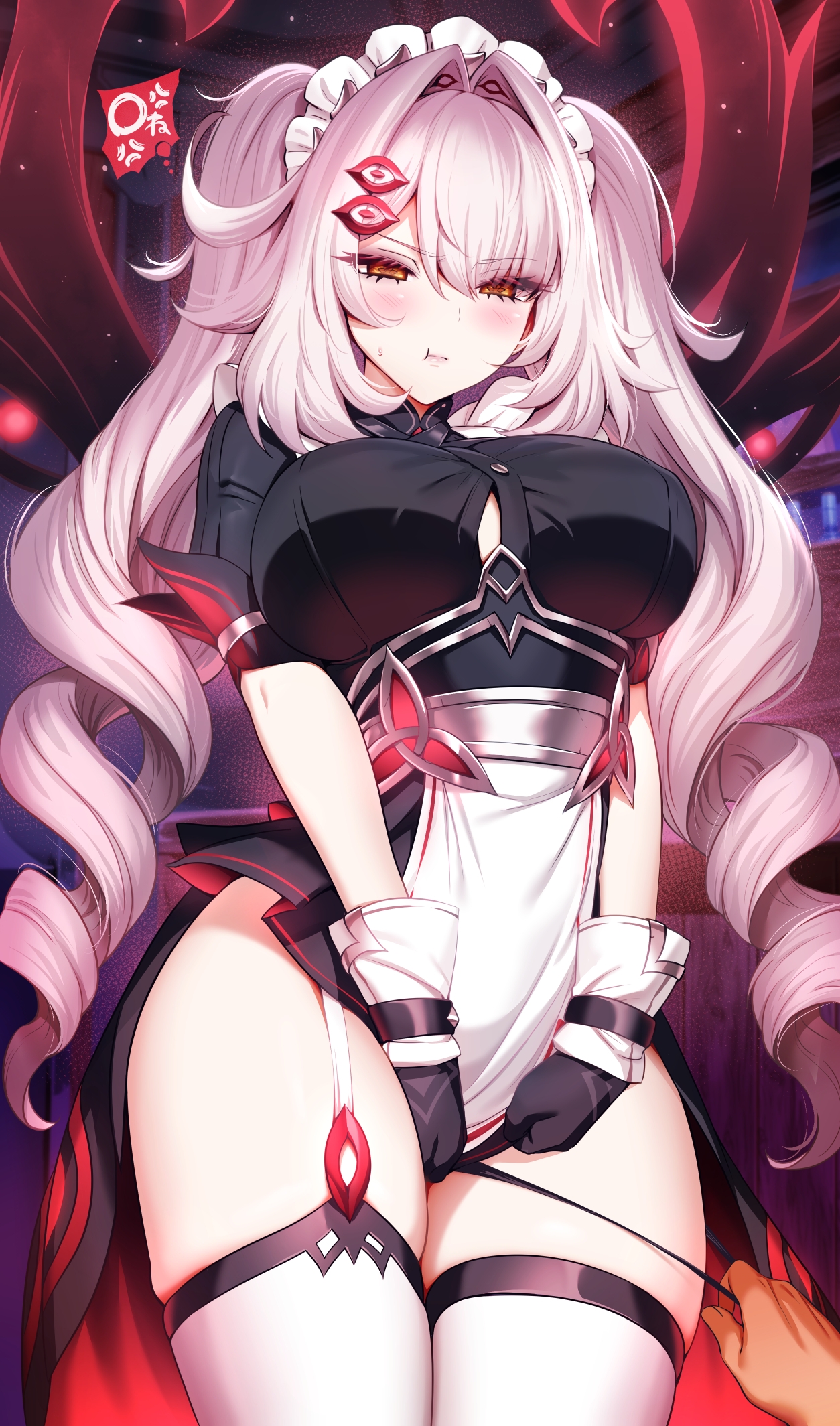 1girls, angry, big breasts, breasts, drill hair, garter straps, genshin impact, hair ornament, m-da s-tarou, pout, ronova (genshin impact), solo, solo female, solo focus, symbol-shaped pupils, thighhighs, twintails, white hair, yellow eyes