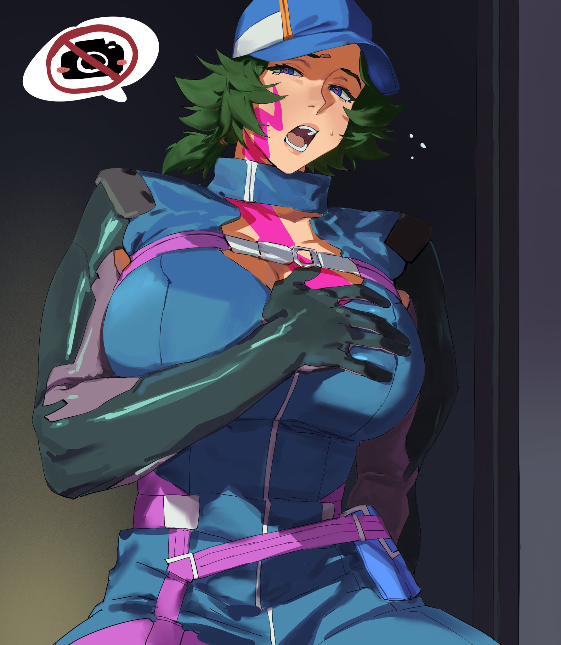 1girls, 2026, absurd res, big breasts, blue sclera, boobs, breast grab, breasts, cap, cyberpunk 2077, cyberpunk: edgerunners, enargeia, enargeia5525, female, female only, green hair, hi res, highres, large breasts, light skin, light-skinned female, looking at viewer, omi-san, open mouth, purple eyes, scared expression, solo, solo female, sweat, taiyang yu, wolf cut