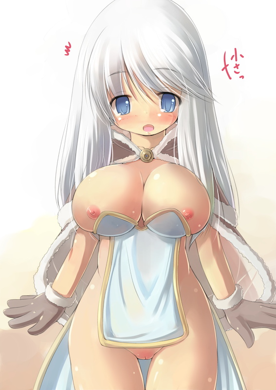 blue_eyes blush breasts breasts_out cape exposed_breasts exposed_pussy gloves high_wizard high_wizard_(ragnarok_online) kourourin large_breasts nipples no_bra no_panties pussy ragnarok_online small_clothes small_nipples too_small_clothes uncensored undersized_clothes white_hair