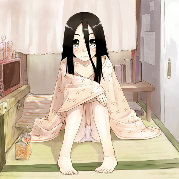 barefoot black_hair blanket blush feet juice_box kokeshi komori_kiri long_hair pale_skin panties pantyshot sayonara_zetsubou_sensei sitting solo tatami toes underwear