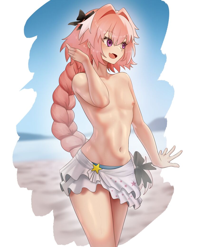 1boy, 1femboy, absurdres, astolfo (fate), beach, black bow, blue sky, bow, braid, commentary, crossdressing, crossdressing (mtf), english commentary, fang, fate (series), fate/apocrypha, fate/grand order, femboy, hair intakes, highres, light-skinned male, long hair, looking to the side, male, male focus, male only, multicolored hair, navel, nipples, ocean, open mouth, outdoors, pink hair, purple eyes, single braid, skin fang, sky, smile, solo, standing, streaked hair, syde b, topless male, trap, very long braid, very long hair, white streaks