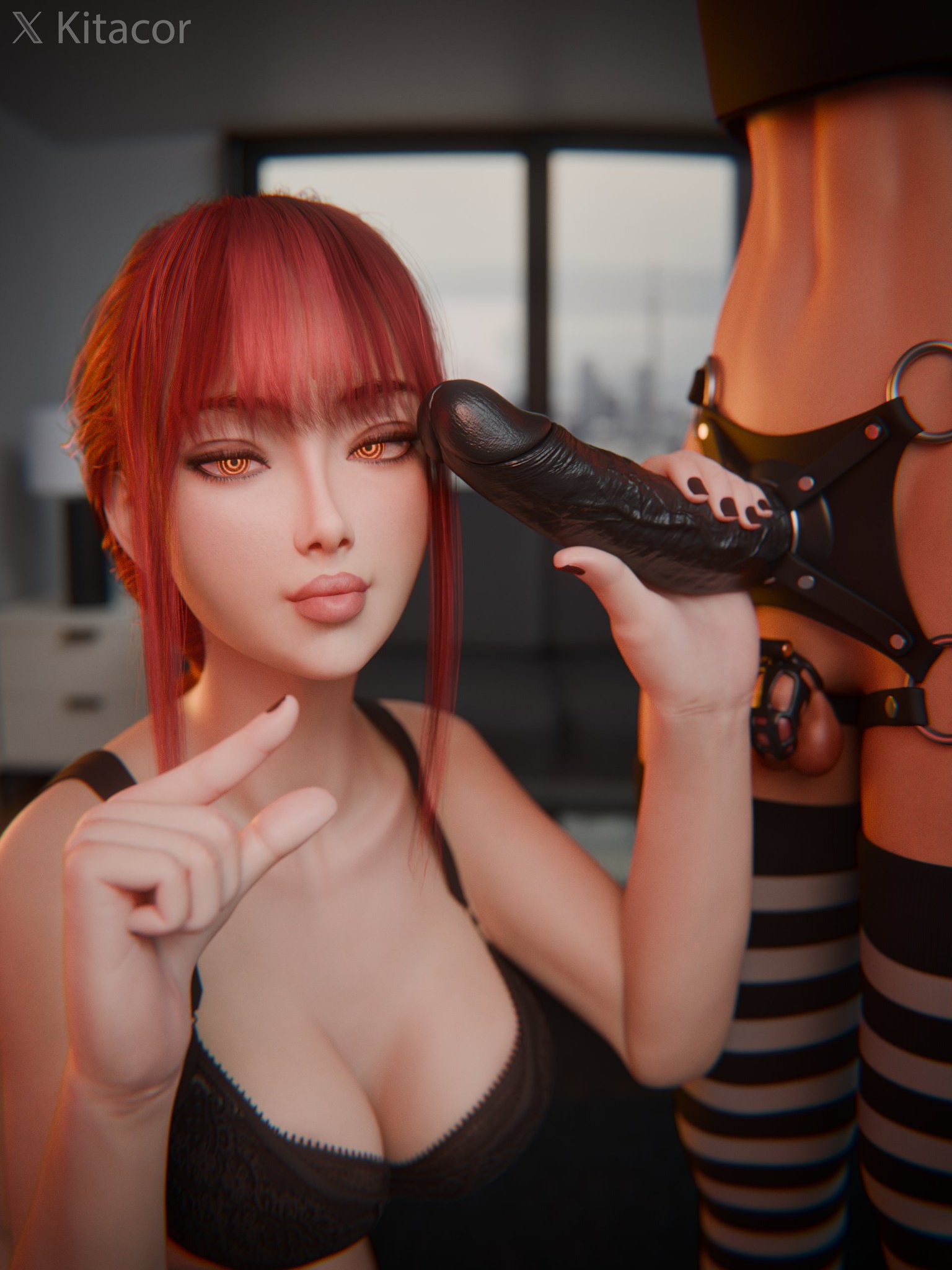1boy, 1girls, 3d, 3d (artwork), abs, big breasts, chainsaw man, chastity cage, chastity device, femboy, femboysub, femdom, ginger, ginger female, ginger hair, highres, kitacor, lingerie, makima (chainsaw man), malesub, peace sign, pinching gesture, pursed lips, red hair, redhead, showing off, showing penis, sissy, slim waist, small penis, small penis gesture, small penis humiliation, strap-on, strap-on over chastity, strapon, v, v sign, v-sign