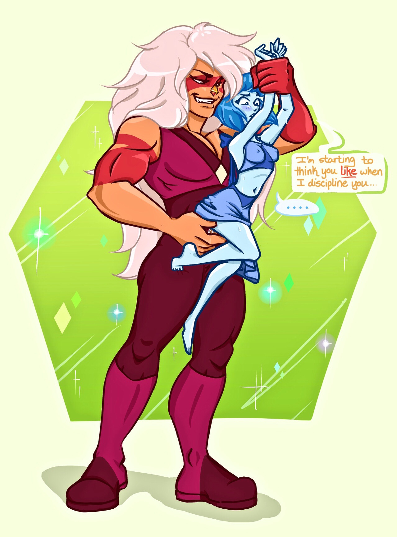 big dom small sub, blue hair, blue skin, blush, female, femdom, femsub, fingering, gem (species), jasper (steven universe), lapis lazuli (steven universe), muscular, muscular female, orange skin, size difference, steven universe, text, white hair, xxxubbles, yuri