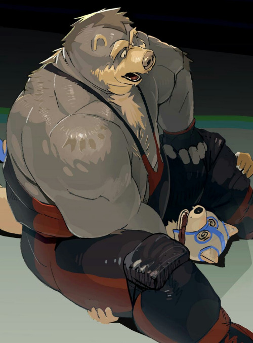 bear chubby furry furry_only male male_only multiple_males muscle_gut wolf wrestling yaoi