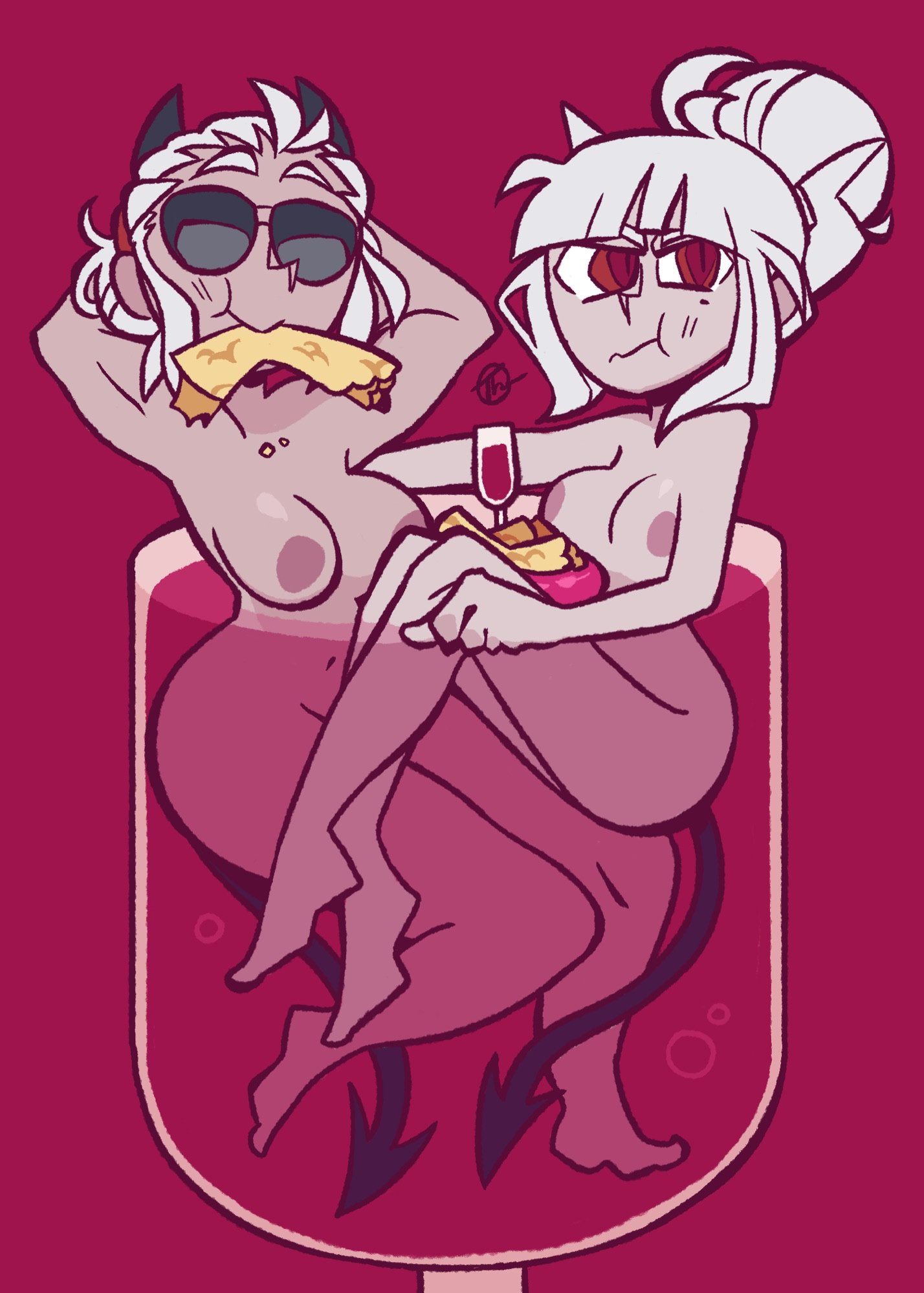 2girls, ass, breasts, female, helltaker, justice (helltaker), lucifer (helltaker), naughtydimiletu, nude, tagme