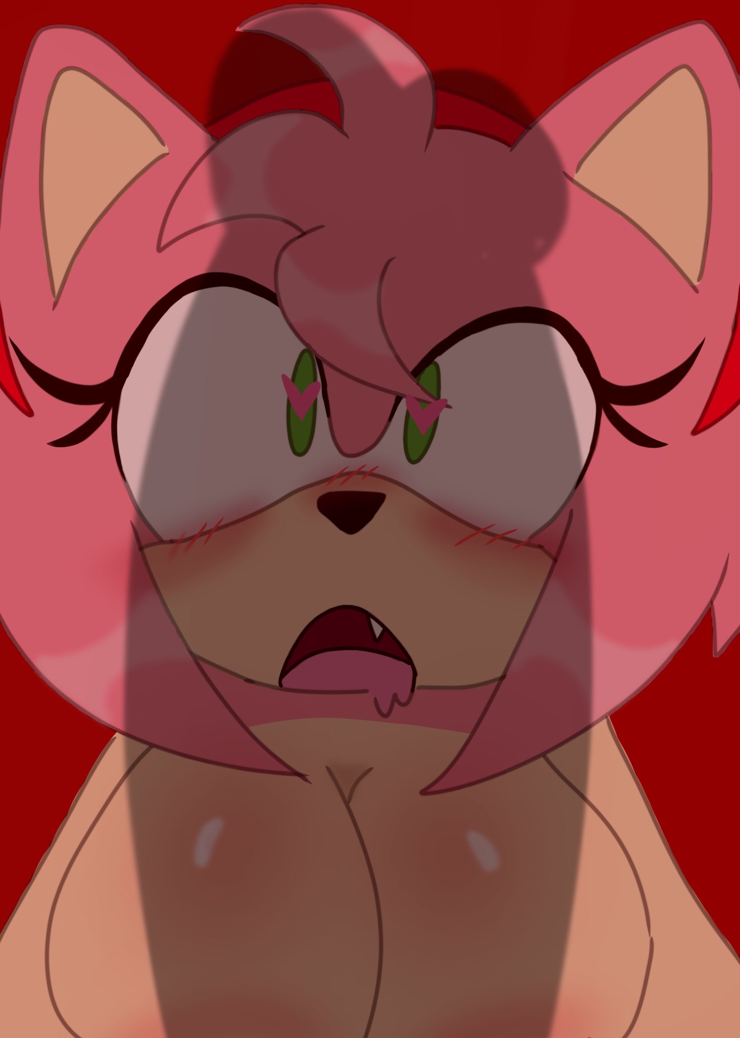 1boy 1girls 2d 2d_(artwork) 2d_artwork amy_rose big_breasts black_nose blush blush_lines blushing_female camilla_nsfw diadem eyelashes fangs green_eyes heart-shaped_pupils large_breasts open_eyes open_mouth penis_awe penis_shadow saliva sega sonic_(series) sonic_the_hedgehog_(series) straight surprised_by_penis surprised_expression thirsty_expression