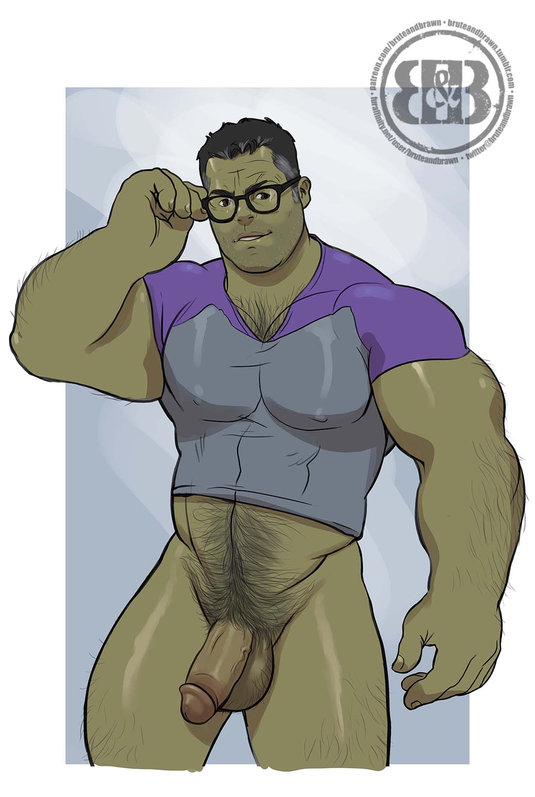 1boy balls bara bruteandbrawn gay glasses green_skin hairy hulk hulk_(series) male male_only marvel marvel_cinematic_universe muscular pantsless penis professor_hulk solo solo_male