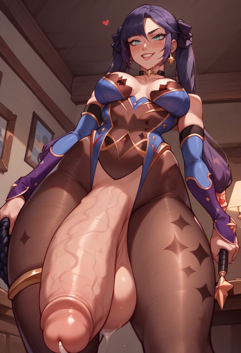 ai generated, ass, balls, blush, bra, breasts, cum, cum drip, cum on body, cum on breasts, cum on face, futa focus, futa only, futanari, genshin impact, glasses, huge ass, huge breast, huge butt, huge cock, intersex, krauswnori, mona (genshin impact), pantyhose, penis, testicles, uncensored, whip