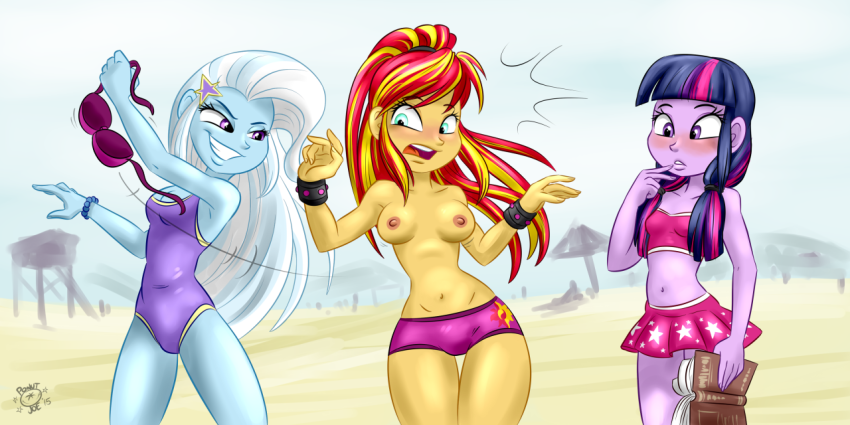 assisted_exposure beach breasts equestria_girls friendship_is_magic human my_little_pony nipples ponut_joe sunset_shimmer swimsuit trixie_lulamoon twilight_sparkle