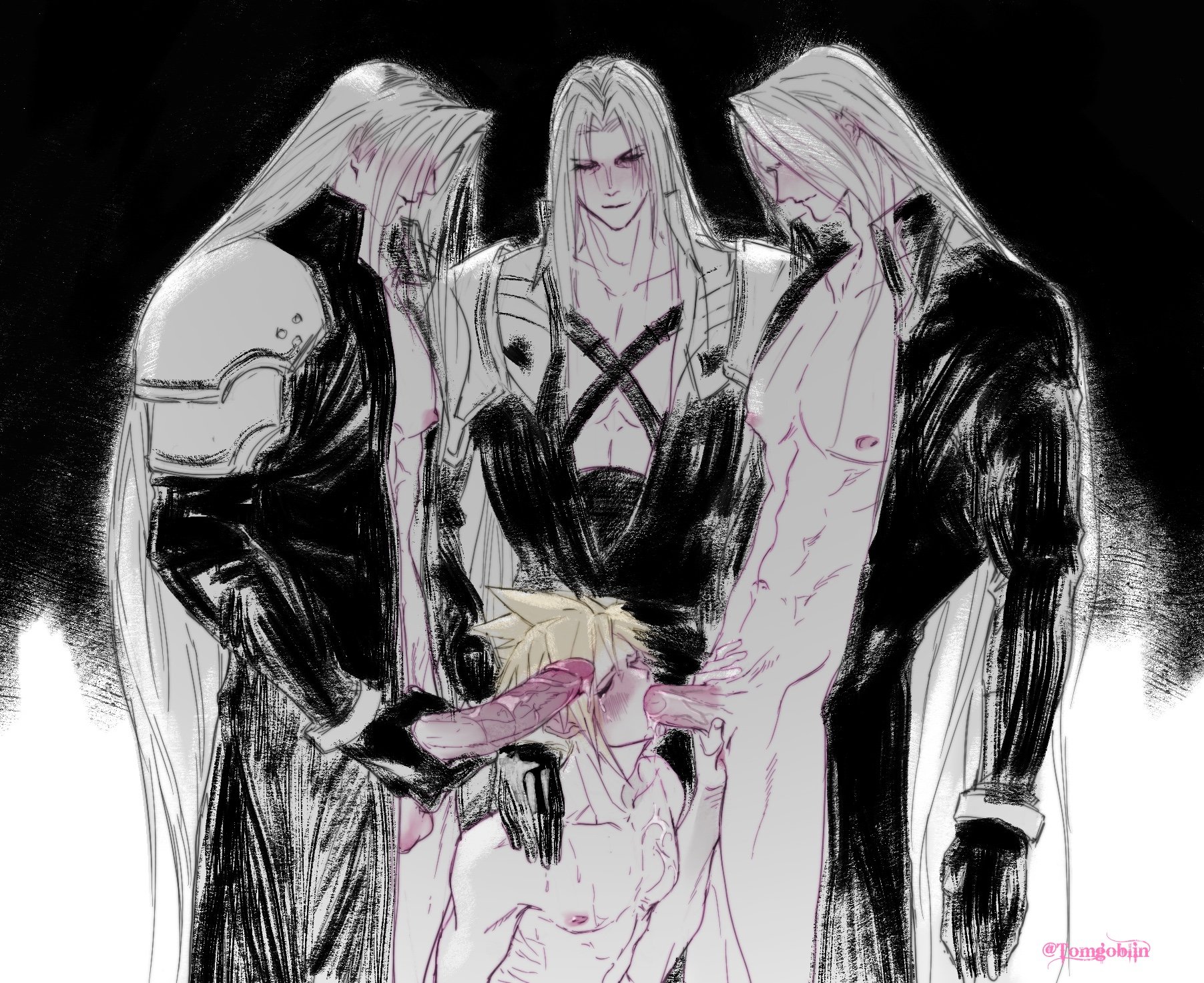 4boys, balls, big balls, big penis, blonde hair, blowjob, blush, closed eyes, cloud strife, crying, duplicated character, fellatio, final fantasy, final fantasy vii, foursome, gay, gay sex, human, human only, light skin, light-skinned male, male, male focus, male only, male/male, male/male/male/male, naked, nude, oral, partially clothed, penis, sephiroth, square enix, tagme, three on one, tomgoblin, yaoi
