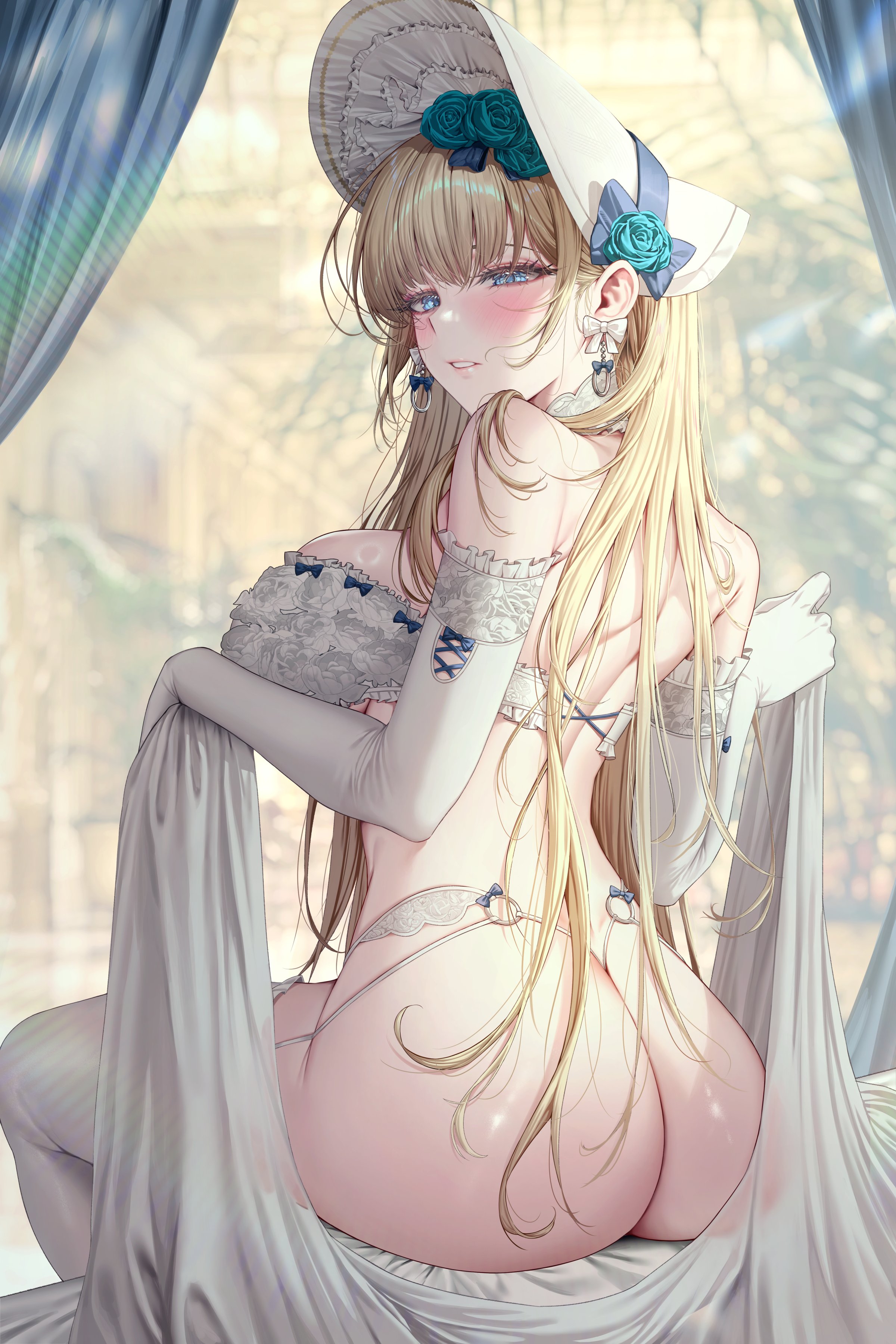 1girls, ass, bed sheet, blonde blue eyes girl (mendou kusai), blonde hair, blue eyes, blush, breasts, detached sleeves, earrings, female, female only, gloves, huge ass, huge breasts, huge butt, light skin, light-skinned female, nompang, original, panties, sexy, solo, white bed sheet, white bra, white gloves, white lingerie, white panties