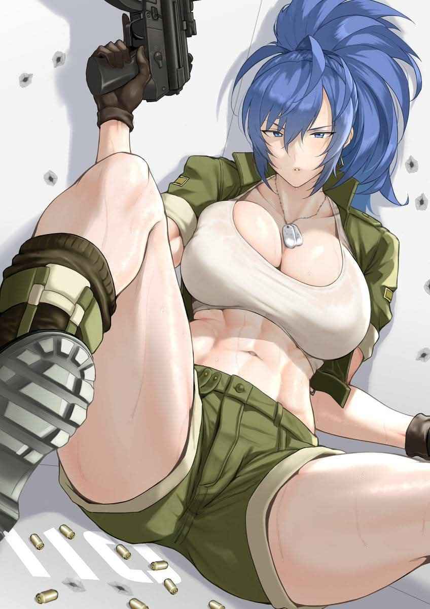 1girls, artist request, cleavage, female, king of fighters, leona heidern, light skin, light-skinned female, looking at viewer, spread legs, tagme
