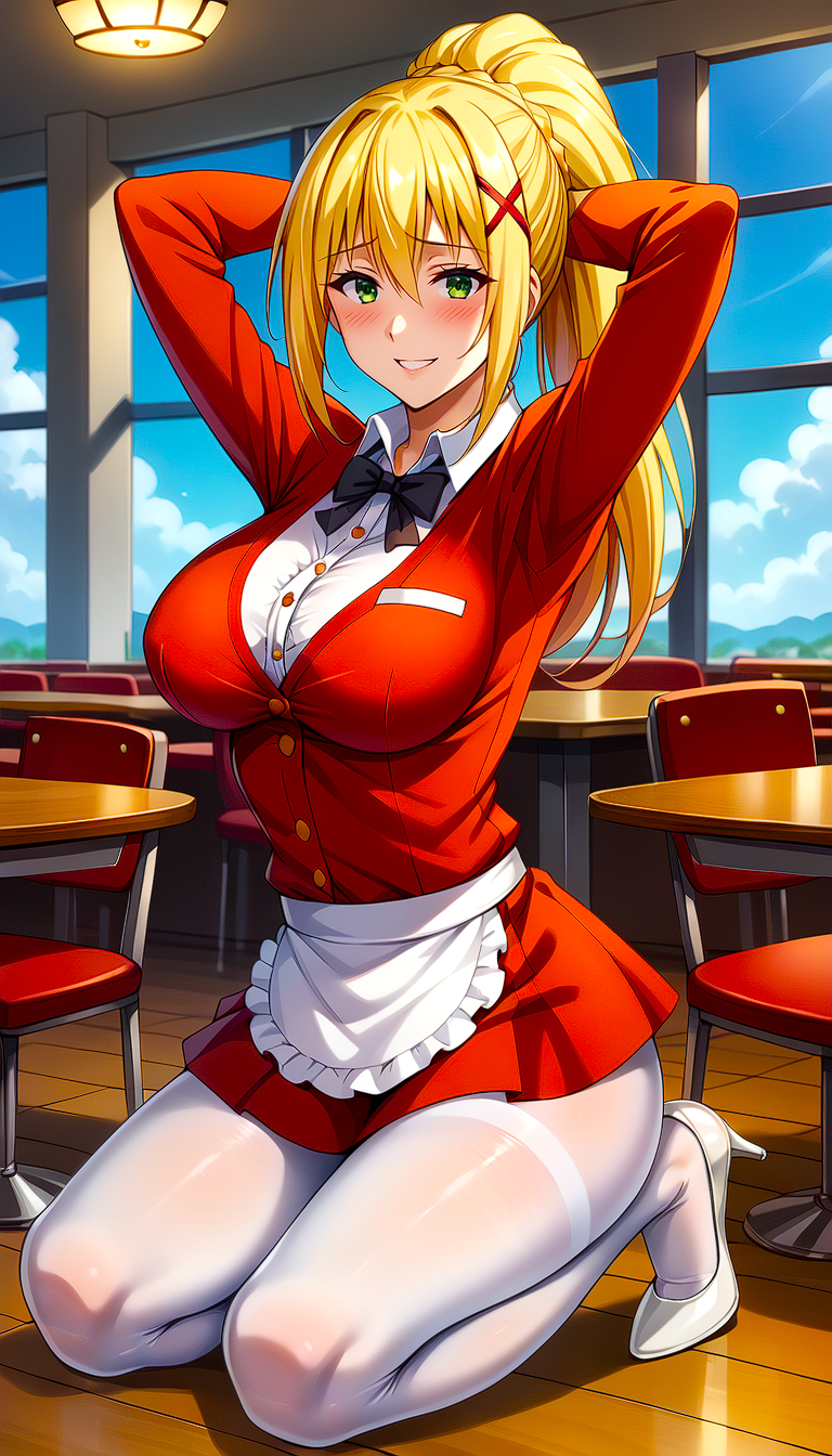 1girls ai_generated anime blonde_female blonde_ponytail busty_female clothed_breasts curvy_figure darkness_(konosuba) green_eyes green_eyes_female hands_behind_head hands_up high_heels horny horny_female kneeling kneeling_female konosuba large_breasts maid maid_uniform pantyhose pleasure_face restaurant ribbon ribbon_tie seductive_look sexy smiling_at_viewer toongenai voluptuous voluptuous_female white_pantyhose wood wooden_floor