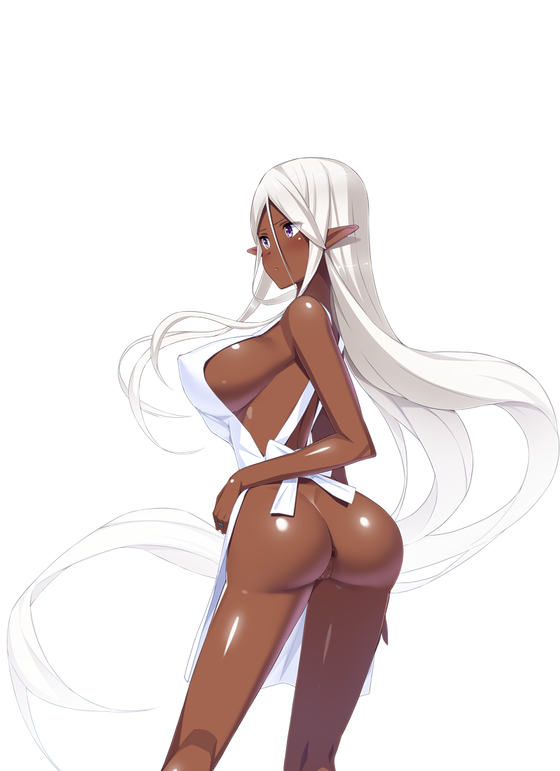 1girls anus apron ass breasts censored covered_erect_nipples dark-skinned_female dark_skin ellelecia female_focus floating_hair large_breasts long_hair ma-ko_hunter mosaic_censoring munashi_mujou naked_apron official_art png pointy_ears purple_eyes pussy shiny_skin sideboob solo transparent_background transparent_png very_long_hair white_hair