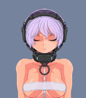 bandaged_breasts breasts cleavage closed_eyes collarbone doekuramori gradient_background large_breasts martyr_(the_citadel) official_art one_eye_closed purple_hair simple_background tagme the_citadel the_martyr