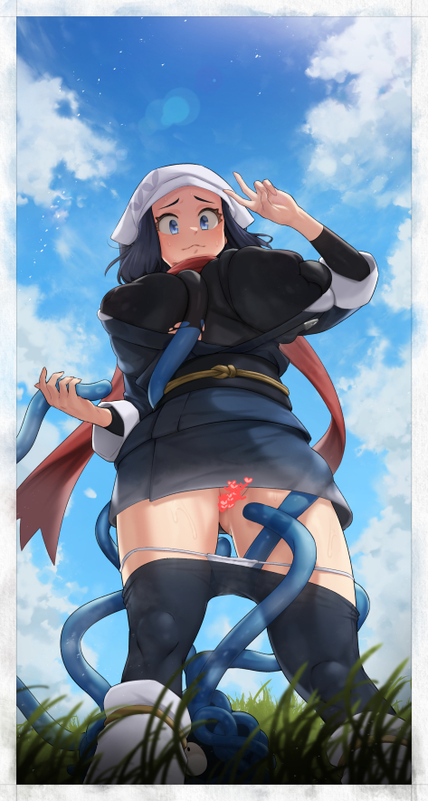 akari_(pokemon) arm_up ass_visible_through_thighs between_breasts black_shirt blue_hair blue_sky blush border breasts censored closed_mouth clothes_pull cloud cloudy_sky covered_nipples day eyelashes feet_out_of_frame female floating_scarf fundoshi grass grey_border hand_up headscarf heart heart_censor huge_breasts japanese_clothes long_sleeves outdoors paid_reward_available pantyhose pantyhose_pull pokemon pokephilia puffy_nipples red_scarf rope scarf shirt sky sweat sweatdrop tangela tentacle tentacle_sex tentacles_under_clothes tianzhong_zhongtian torn_clothes v