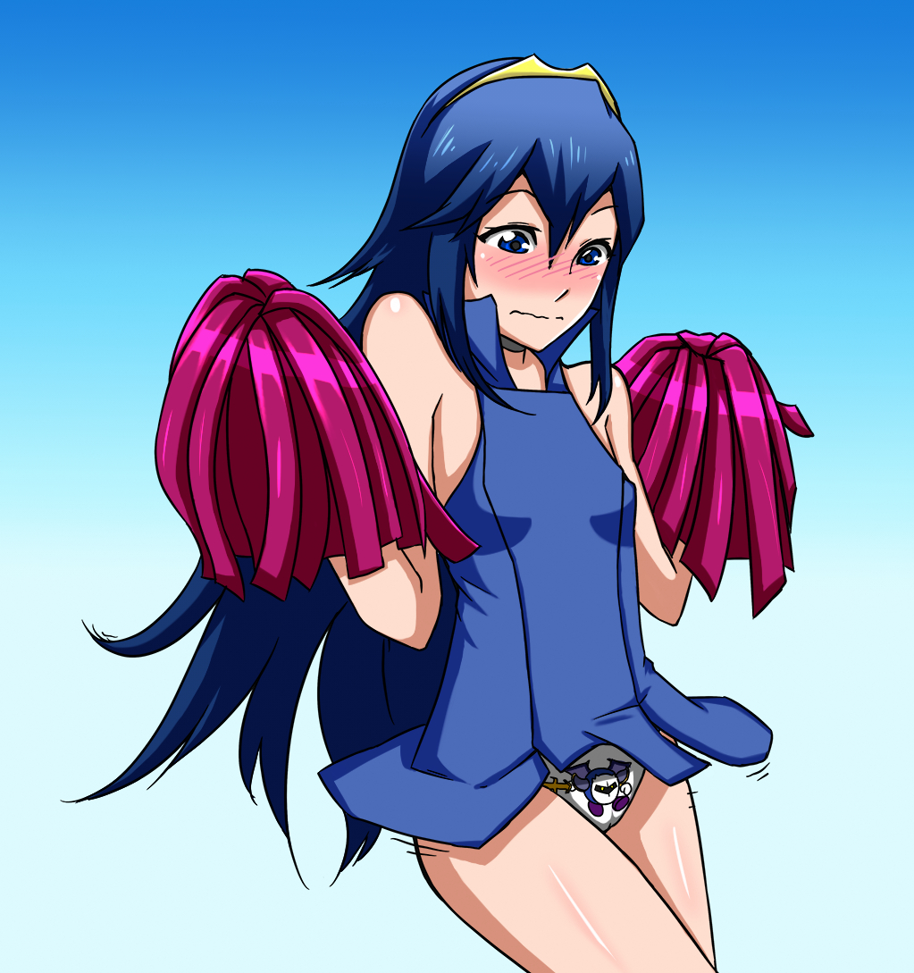 asortofcolorfag blue_eyes blue_hair blush breasts cheerleader female fire_emblem fire_emblem_awakening kirby_(series) kuso_otoko long_hair lucina_(fire_emblem) meta_knight nintendo panties pom_pom_(cheerleading) print_panties super_smash_bros. sword tiara underwear very_long_hair weapon white_panties