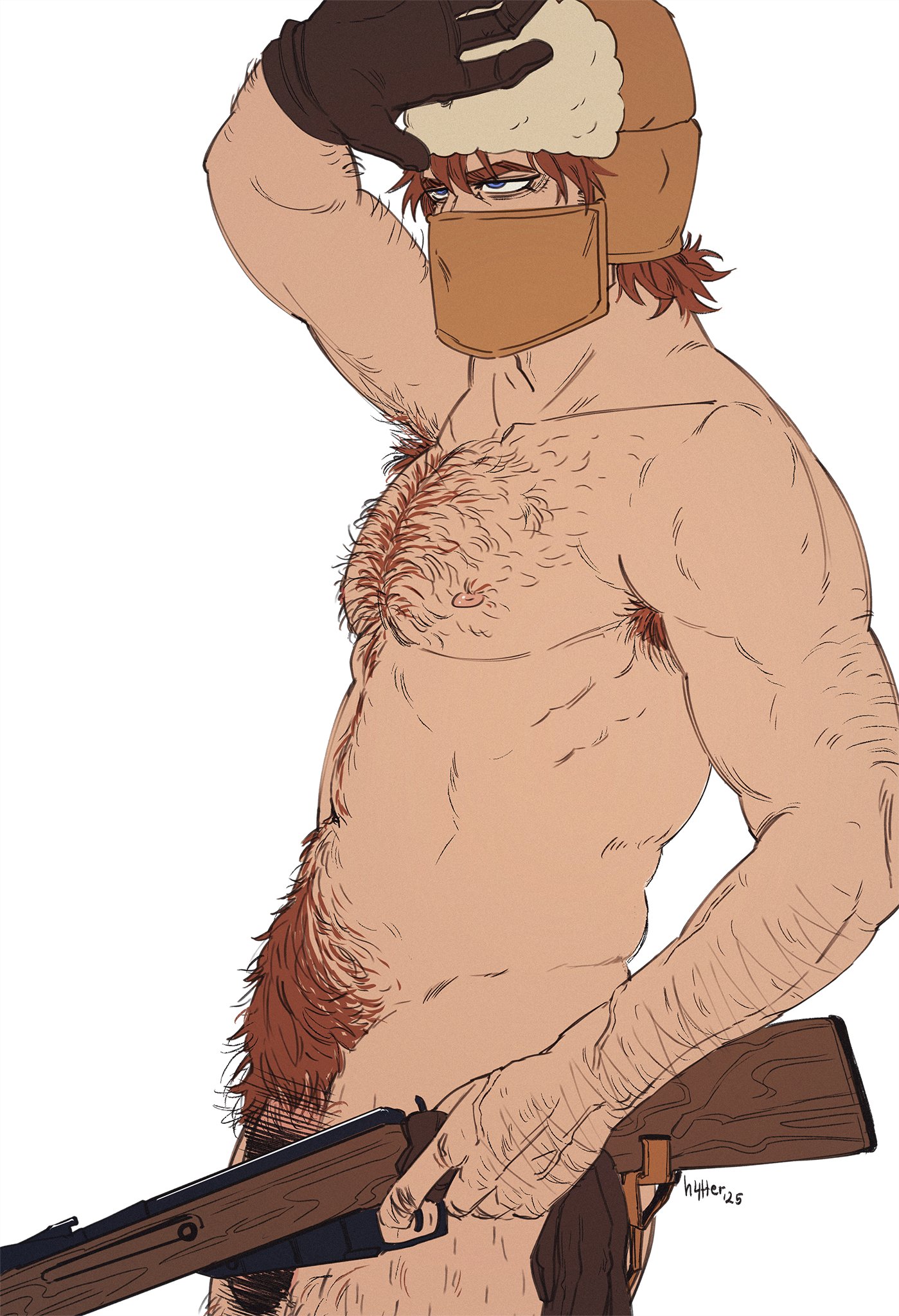 1boy, abs, bara, biceps, golden kamuy, hattercharles, male, male nipples, male only, masculine male, masked, muscular, muscular male, nipples, nude, pecs, penis, solo, vasily (golden kamuy), vasily pavlichenko, yaoi