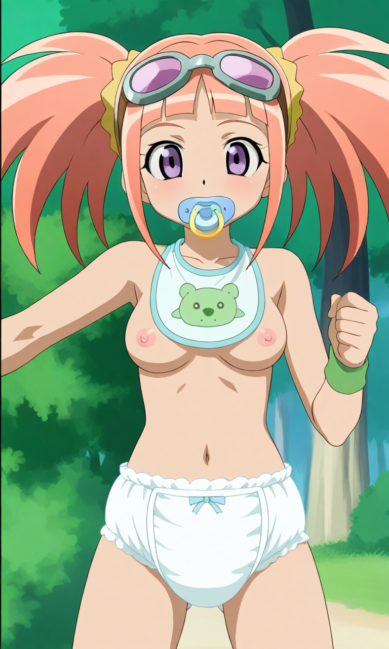 ai_generated bib diaper dinosaur_king medium_breasts nipples tatsuno_malm teenage_girl young_female zoe_drake