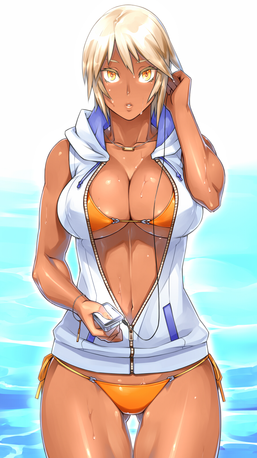 1girls abs bikini blonde_hair breasts cleavage dark-skinned_female female female_only highres huge_breasts jacket large_breasts micro_bikini muscular_female navel open_clothes open_jacket original sela_(sela_god) sela_god shiny shiny_skin short_hair side-tie_bikini solo string_bikini swimsuit thigh_gap thighs wallpaper water wet yellow_eyes