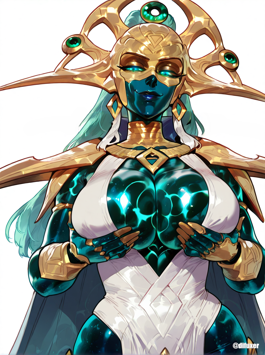 ai_generated big_breasts breast_grab cleavage cosmic_hair cosmic_skin difuxer female female_only hela hela_(empress_of_the_cosmos) hela_(marvel_rivals) huge_breasts marvel marvel_rival seductive_look white_dress