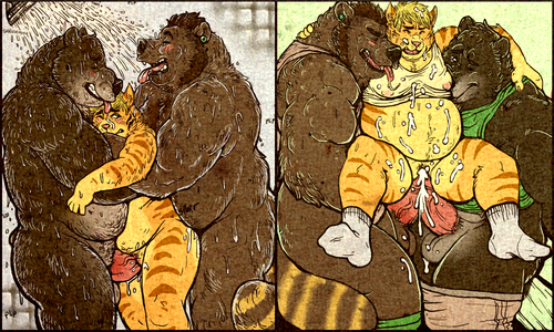 anthro chubby female fur furry furry_only male multiple_males pussy showers straight