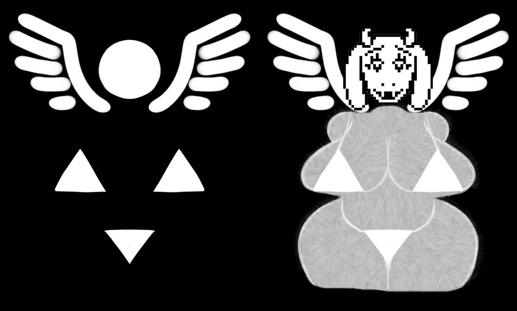 1girls, anonymous artist, artist request, breasts, deltarune, deltarune (symbol), deltarune bikini, edit, female, huge breasts, monochrome, the angel (deltarune), thicc, thick thighs, third-party edit, toriel, wide hips