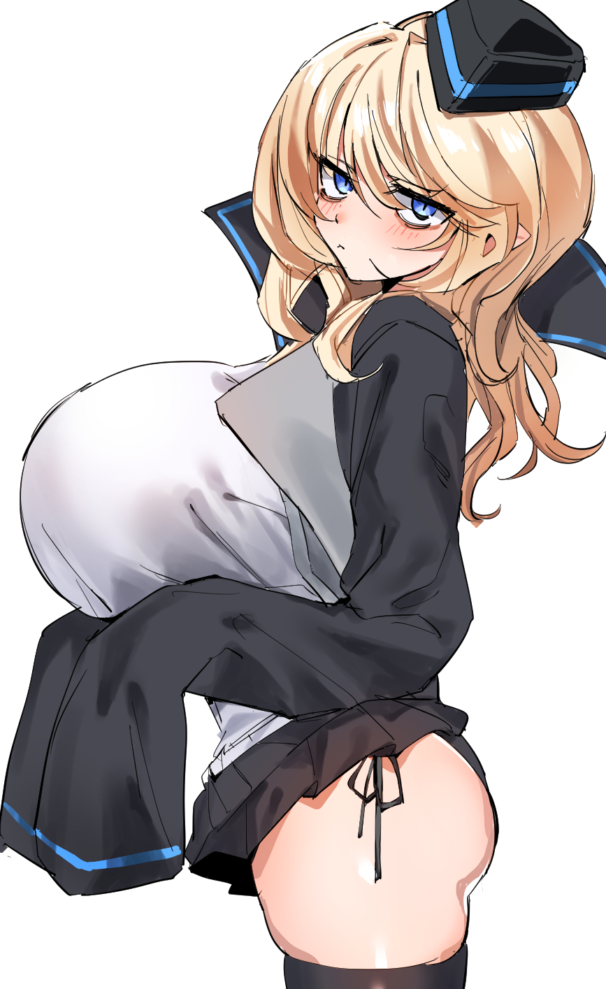 arknights ass black_hat black_jacket black_panties black_skirt black_thighhighs blonde_hair blue_eyes blush breasts closed_mouth durin_(arknights) female from_side hat huge_breasts jacket long_hair long_sleeves looking_at_viewer miniskirt ningensei panties pleated_skirt pointy_ears shirt side-tie_panties side_view simple_background skindentation skirt sleeves_past_fingers sleeves_past_wrists solo thighhighs underwear white_background white_shirt