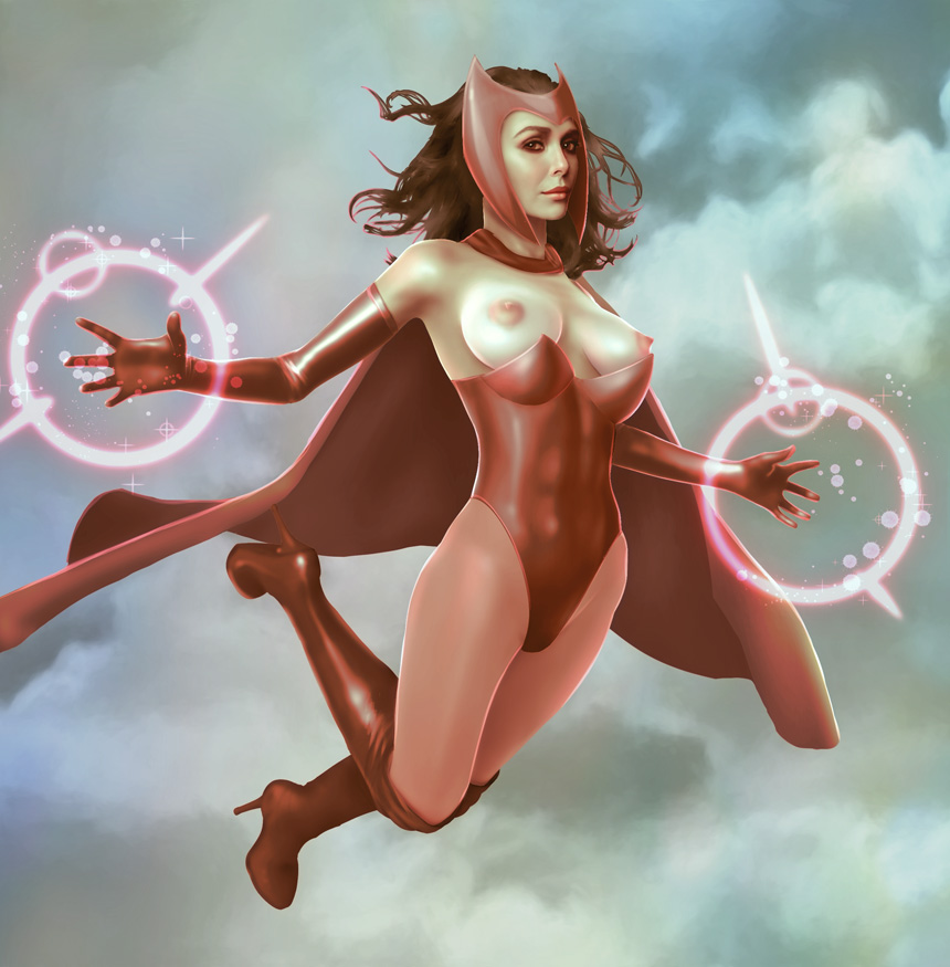 1girls, areolae, avengers, boots, breasts, breasts out, brown hair, cape, casual nudity, celebrity, elbow gloves, elizabeth olsen, erect nipples, female, female only, gloves, high heels, large breasts, leotard, long hair, marvel, marvel comics, mutant (marvel), nipples, oblivious, panties, pantyhose, porcupine (artist), real person, scarlet witch, solo, topless, wanda maximoff, wardrobe malfunction, x-men
