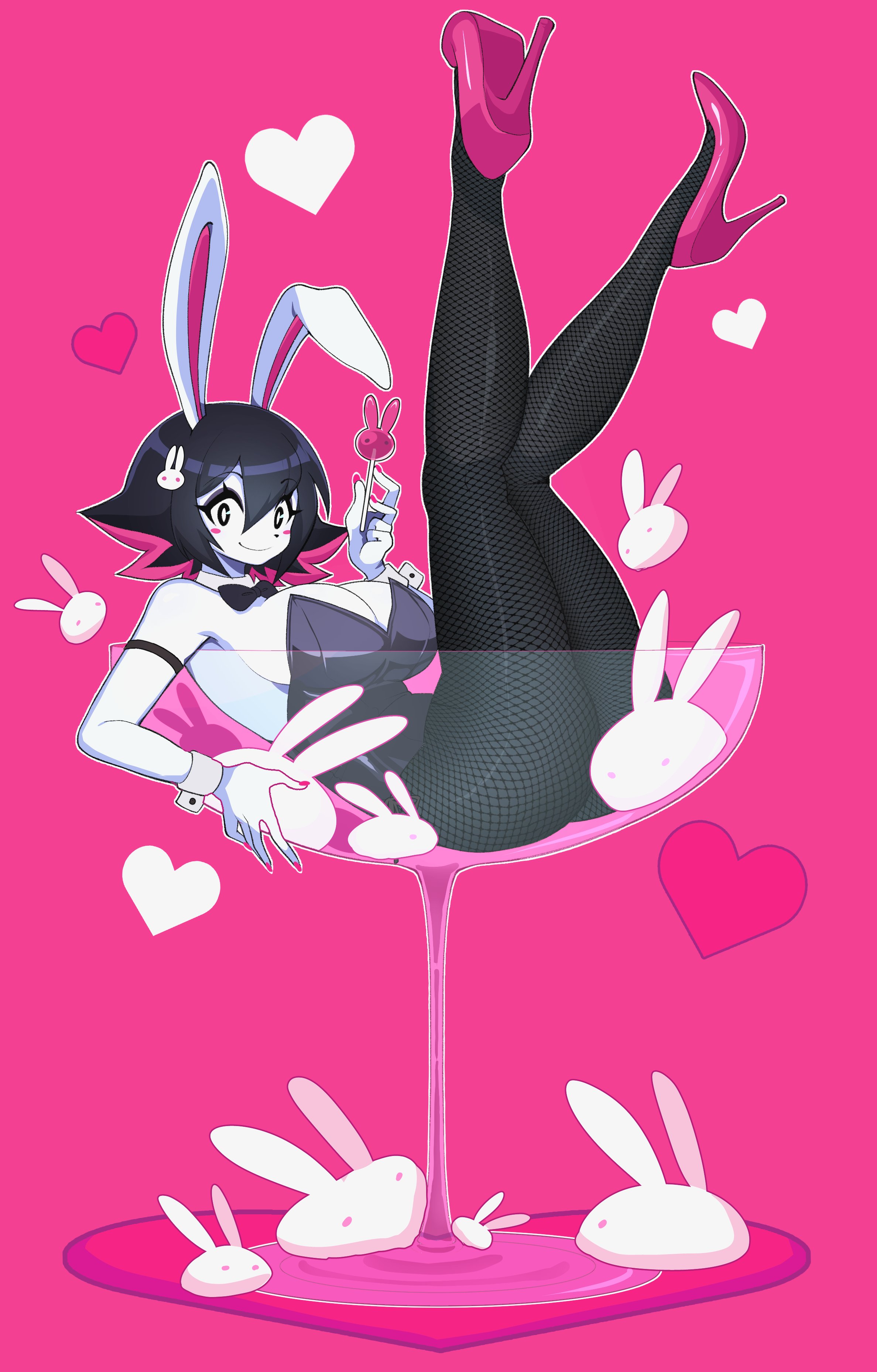 big breasts, black hair, bloodycherrylip, bowtie, breasts, bunny, bunny girl, bunnysuit, ddloveblood, dvampiresmile, felix (dvampiresmile), female, female focus, female only, hare, hare humanoid, heart, hi res, high heels, hourglass figure, leggings, legwear, lollipop, pink background, pink hair, pink nail polish, pink nails, playboy bunny, short hair, sitting on glass, tank top, thick thighs, thigh highs, thighhighs, topwear, two-tone hair, white body, white pupils, white skin, wide hips, wine glass