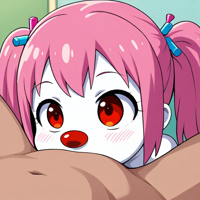 1girls ai_generated beads blowjob blush clown clown_girl clown_nose deepthroat female grabbing head_grab lying_on_back oral pink_eyebrows pink_hair red_eyes red_nose shoulders stable_diffusion white_skin