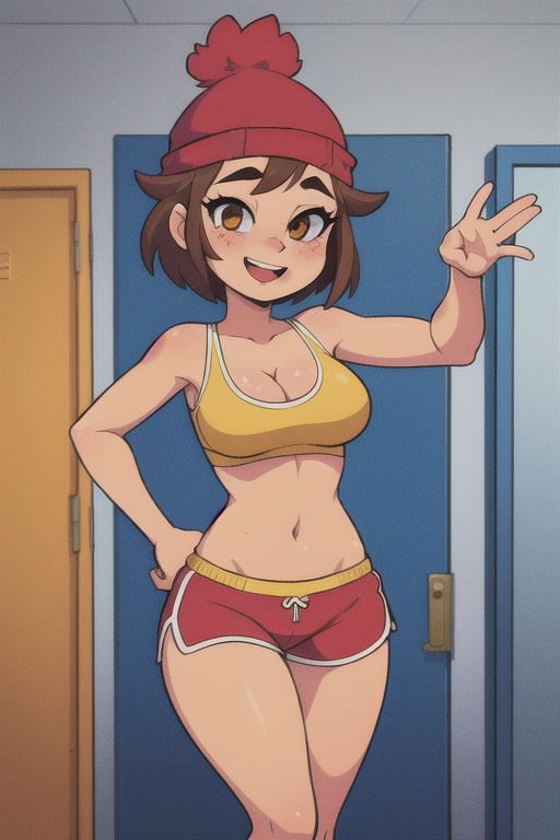 1girls ai_generated beanie blush brown_eyes brown_hair cleavage female female_focus mcyt minecraft minecraft_youtubers pixai qsmp qsmp_eggs red_beanie red_shorts shorts sports_bra tallulah_(qsmp) teenager thighs twitch.tv youtube youtubers