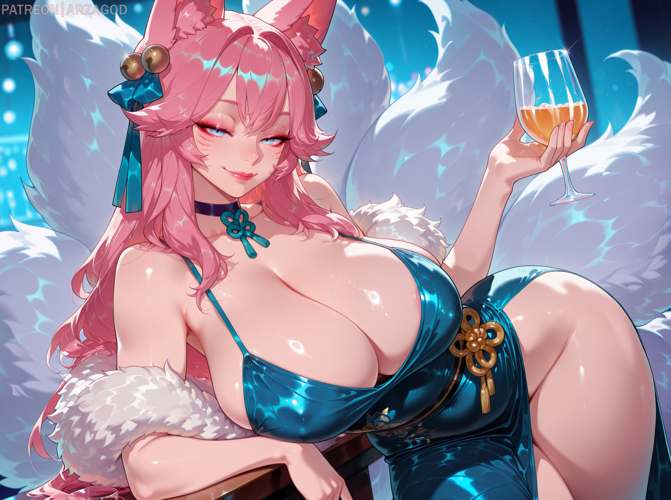 ahri, ahri (league of legends), ai, ai art, ai assisted, ai generated, arzagod, big breasts, blue eyes, breasts, cat ears, clothing, cocktail, female, league of legends, long hair, pink hair, spirit blossom ahri, spirit blossom series