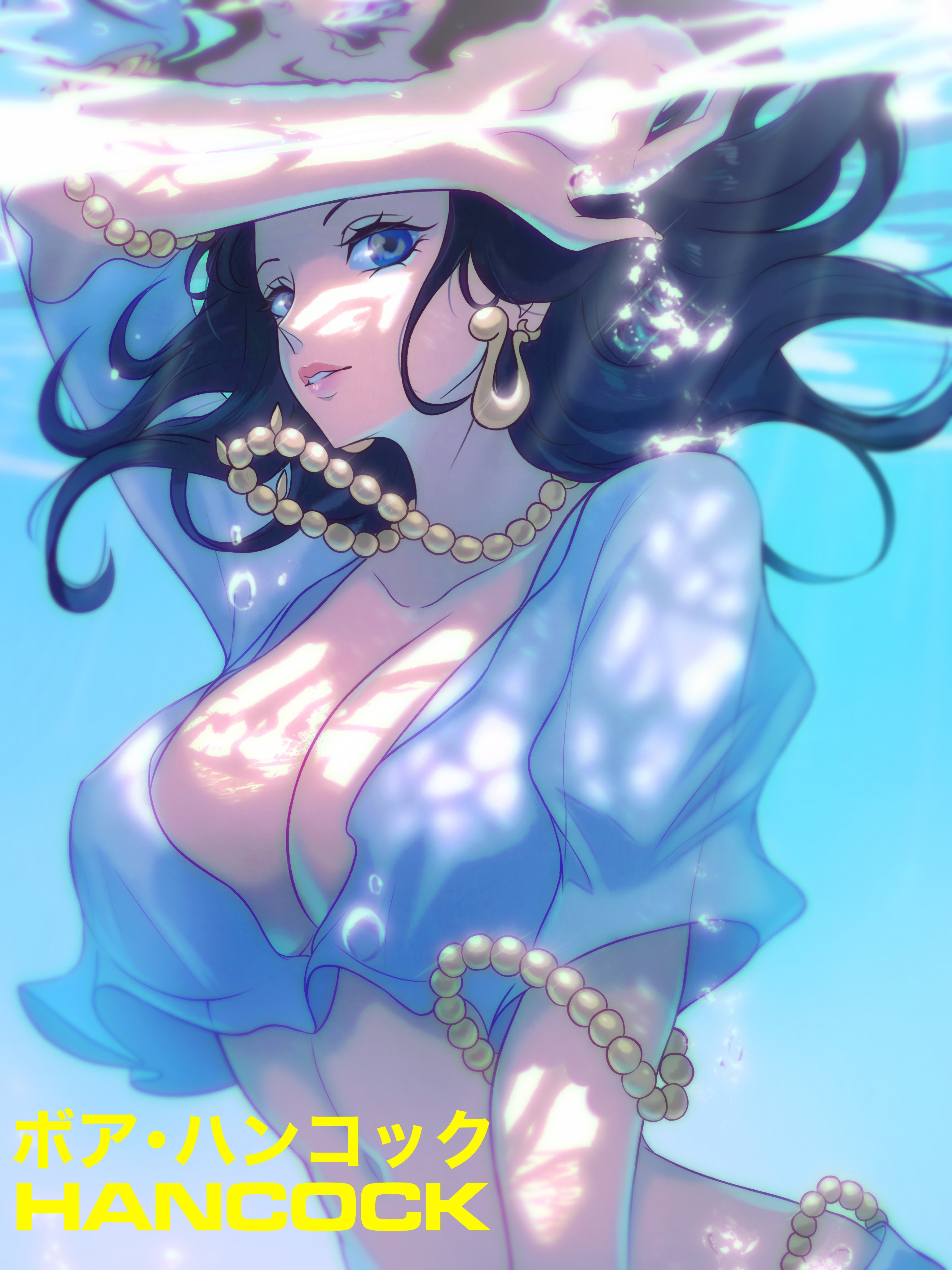 1girls, big breasts, black hair, black-haired female, boa hancock, breasts, clothing, female, female only, one piece, opalisart, underwater, water
