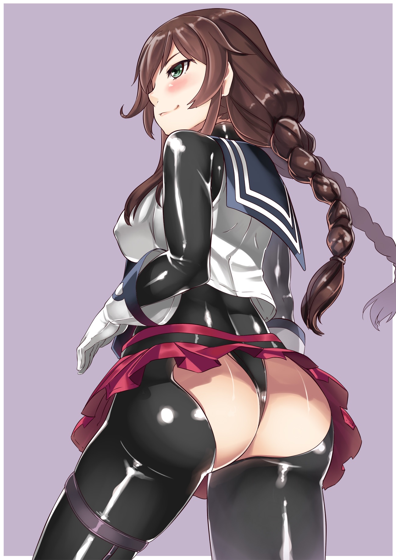 ass, blush, bodysuit, braid, breasts, brown hair, erect nipples, female, from behind, gloves, green eyes, hiememiko, kantai collection, large breasts, latex, latex under clothes, leotard, long hair, nipples, noshiro (kantai collection), pleated skirt, sailor collar, shiny, shiny clothes, shiny skin, skirt, smile, solo, thong leotard, upskirt
