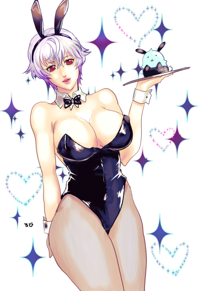 alternate_costume big_breasts bowtie bunny_ears bunnysuit canon_genderswap cleavage detached_collar female female_only genderswap_(mtf) ginko_sakata gintama gintoki_sakata gradient_hair playboy_bunny purple_hair red_eyes robi_(robinson) rule_63 short_hair solo tray two_tone_hair very_short_hair waitress white_hair wide_hips wrist_cuffs