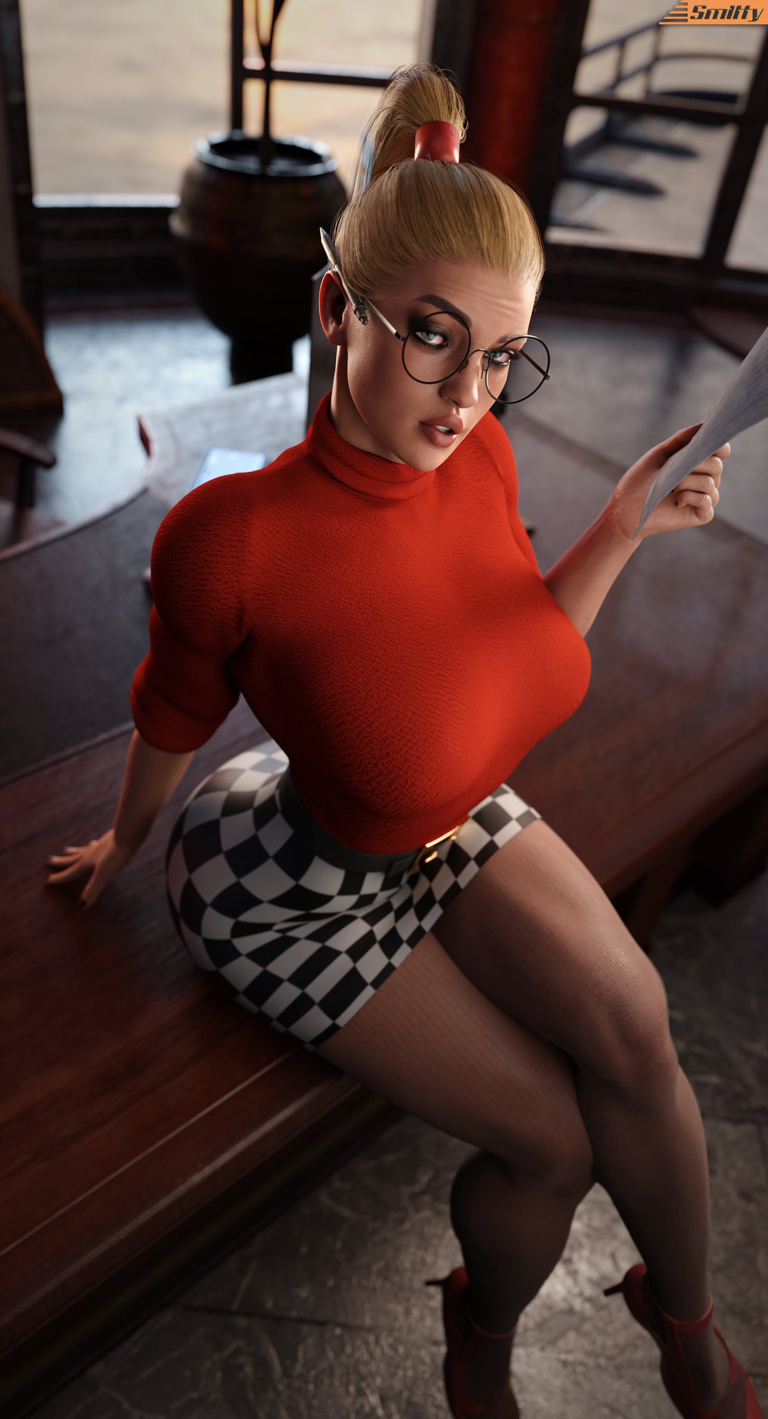 belt belt_buckle blonde_hair checkered_skirt dc dc_comics desk harleen_quinzel harley_quinn holding_object holding_paper not_impressed office office_lady office_siren paper pen ponytail red_shirt round_glasses skirt smitty34 tight_clothing unenthusiastic wood_desk