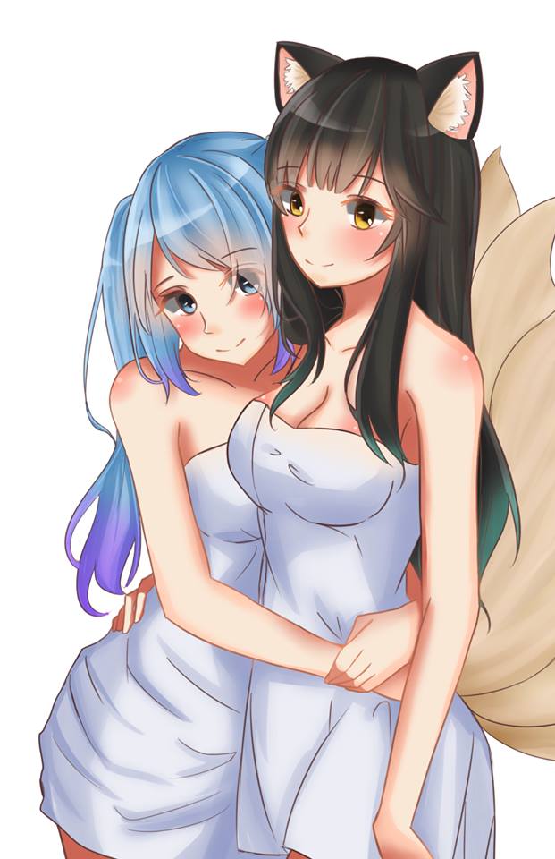 ahri, female, fur, furry tail, humanoid, league of legends, multi tail, multiple females, multiple girls, sona buvelle, tagme, tail, tails, towel, underwear, yuri