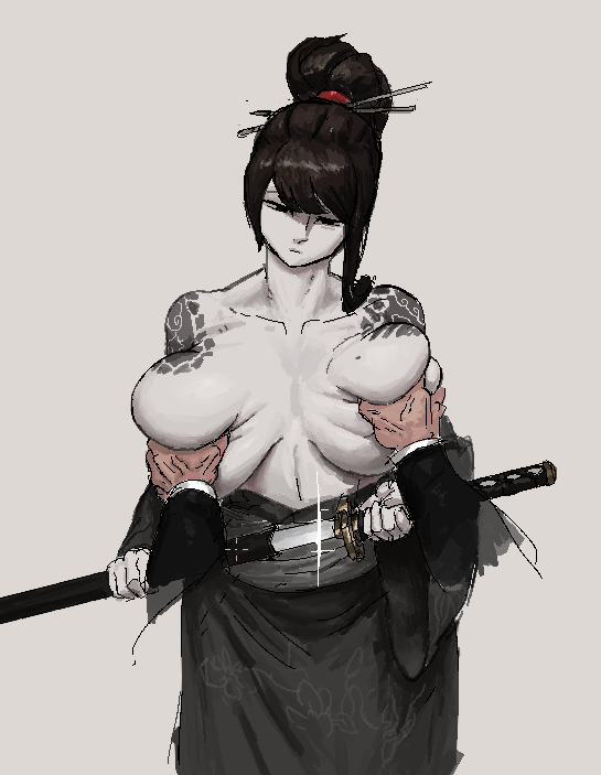 1girls artist_request bare_shoulders big_breasts black_eyes black_hair breast_grab breasts expressionless female female_focus female_only grabbing_breasts gray_background groping hair_bun hair_stick holding_weapon huge_breasts katana kimono large_breasts library_of_ruina looking_at_viewer mole mole_on_breast off_shoulder pale-skinned_female pale_skin project_moon sayo_(library_of_ruina) shoulder_tattoo simple_background sword tattoo tied_hair unsheathing