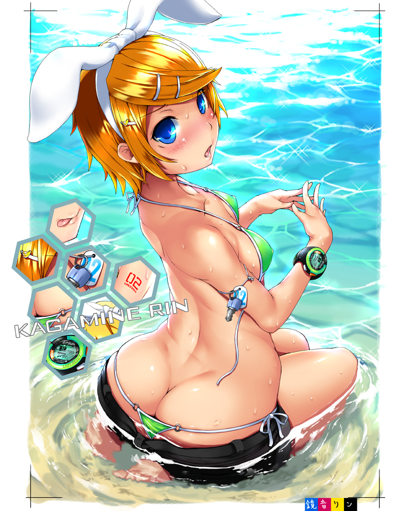 1girls arched_back ass ass_cleavage bikini blonde_hair blue_eyes blush bubble_butt butt_crack character_name color dat_ass dimples_of_venus female female_only fingers_together hair_ornament hairband imazon kagamine_rin kneeling micro_bikini open_mouth panties partially_submerged short_hair shorts side-tie_bikini solo sparkle swimsuit thong thong_bikini underwear vocaloid watch water wet whale_tail wristwatch