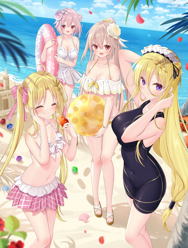 4girls ball beach beachball bikini bikini_skirt black_one-piece_swimsuit blonde_hair blue_sky bow braid braided_bangs breasts closed_eyes cloud covered_navel crown_hair_ornament day dress eating flat_chest flower footprints frilled_bikini frills hair_between_eyes hair_flower hair_ornament hairbow holding holding_ball holding_beachball horizon innertube large_breasts long_hair looking_at_viewer low-tied_long_hair miniskirt multiple_girls navel ocean off-shoulder_bikini off_shoulder one-piece_swimsuit open_mouth original outdoors palm_tree petals pink_bow pink_eyes pink_hair pink_skirt pleated_skirt ponytail purple_eyes sand sand_castle sand_sculpture seashell see-through_clothes shell short_dress short_hair skirt sky smile swim_ring swimsuit tree twintails very_long_hair water white_bikini white_bow white_dress wristband yano_mitsuki_(nanairo) yellow_bikini yellow_bow