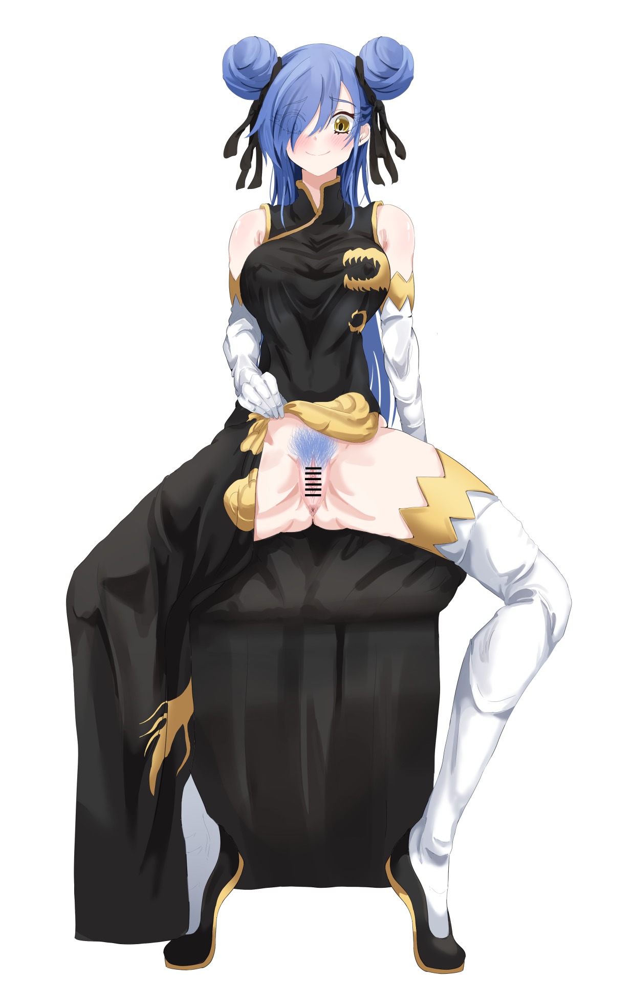 1girls, anus, armwear, asshole, blue hair, blue hair female, blue pubic hair, boobs, breasts, butthole, cheongsam, chinese clothes, double bun, eyebrows visible through hair, eyelashes visible through hair, eyes visible through hair, female, female pubic hair, flats, hair over one eye, hairbun, legwear, madogarasu1234, no panties, pubic hair, pussy, shoes, simple background, spread legs, tensei shitara slime datta ken, that time i got reincarnated as a slime, thick thighs, thighhighs, thighs, tits, vagina, velgrynd (tensei shitara slime datta ken), woman, yellow eyes
