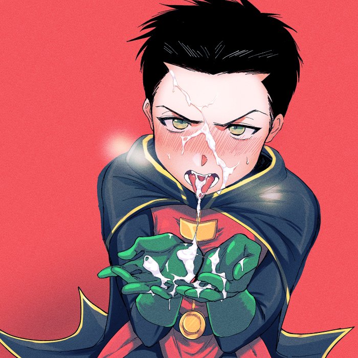 ahegao ahegao_face black_hair cat_eyes covered_in_cum cum cum_drip cum_in_face cum_on_face cumshot cute_boy cute_face cute_male damian_wayne dark_skin dc_comics face_fucking femboy gay gay_sex gloves green_eyes izumocay licking oral oral_sex robin_(dc) skinny smaller_male tiny_penis tongue tongue_out tsundere twink yaoi