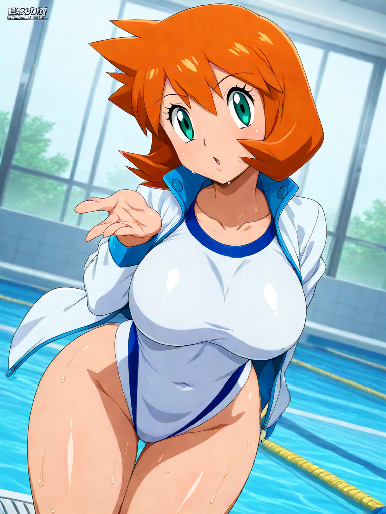 ai_generated bangs blush breasts cameltoe closed_mouth clothing competition_swimsuit covered_navel curvaceous female female_only green_eyes gym_leader highleg highleg_swimsuit huge_breasts jacket kasumi_(pokemon) large_breasts legs long_sleeves looking_at_viewer misty_(pokemon_hgss) navel one-piece_swimsuit open_clothes open_jacket orange_hair pokemon pokemon_character pokemon_gsc pokemon_hgss shiny_hair shiny_skin shirt short_hair smile solo standing swimsuit tank_suit thick_thighs thighs wet white_jacket white_one-piece_swimsuit white_swimsuit wide_hips