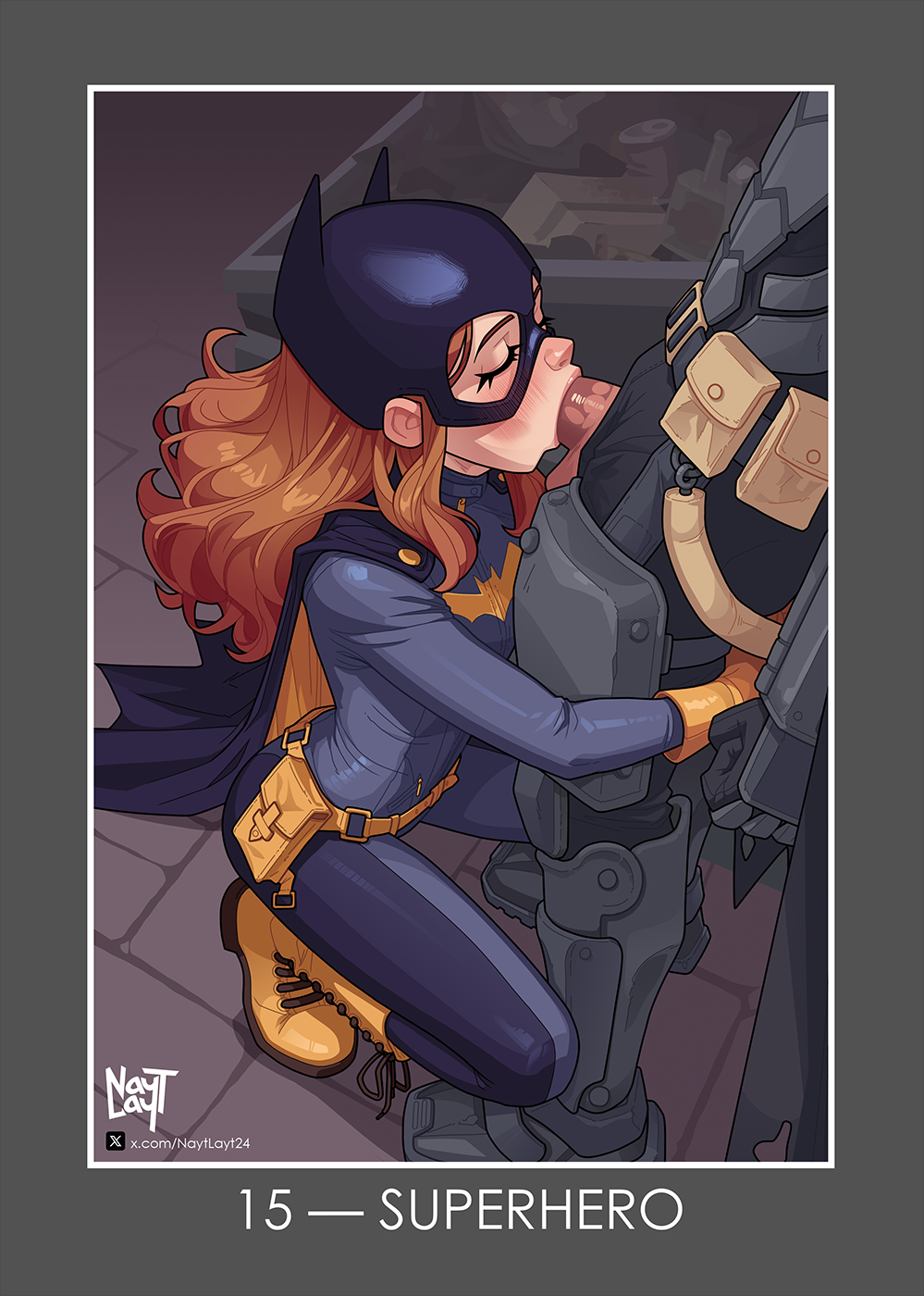 1boy artist_name barbara_gordon batgirl batgirl_costume_(2014) batman batman_(series) belt black_bodysuit bodysuit breasts brown_hair cape commentary dc_comics english_commentary english_text fellatio female gloves highres long_hair mask medium_breasts nayt_layt oral penis squatting straight superhero_costume twitter_username twitter_x_logo utility_belt web_address yellow_gloves