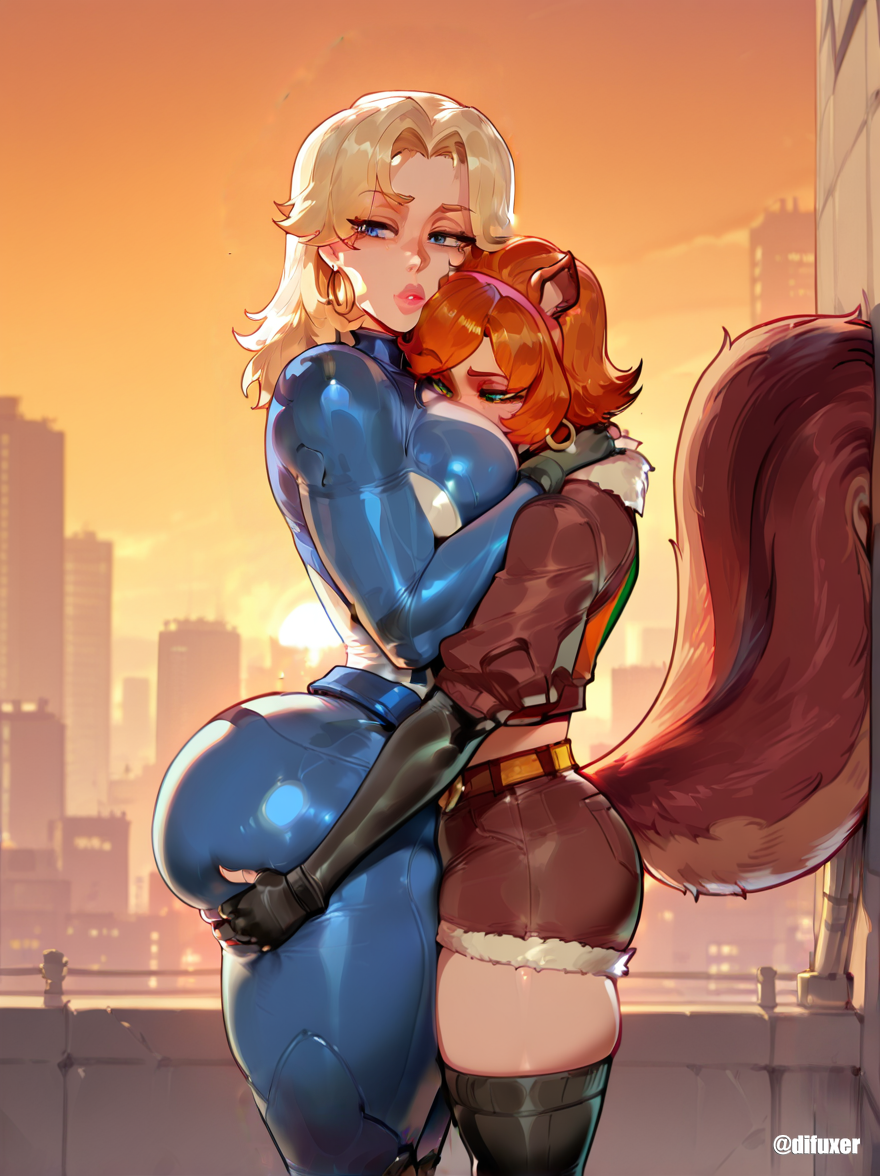 ai_generated ass_grab between_breasts blonde_hair difuxer marvel marvel_rivals orange_hair squirrel_girl squirrel_girl_(marvel) squirrel_girl_(marvel_rivals) sue_storm yuri